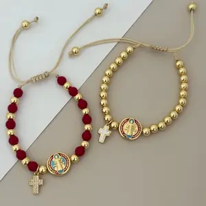 Red and Gold Adjustable Saint Benedict Bracelet with Hanging Cross for Men