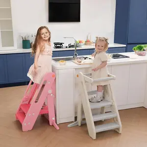 Dripex Toddler Tower Kitchen Stool Helper, Foldable & Adjustable Height Kids Learning Stool for Kitchen Counter Bathroom Sink, Child Ladder for Toddlers with Handles, Safty Rail, Non-Slip Pads