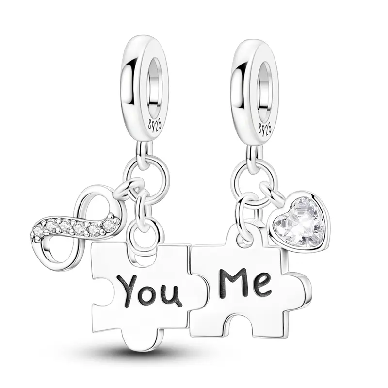 MULA S925 Silver-Plated Puzzle Pieces Charm Pendant for Women, Romantic Infinity Heart with Cubic Zirconia, Engraved "You and Me", Pandora Compatible Anniversary Valentines Day Gift, Personalized Jewelry, Birthday