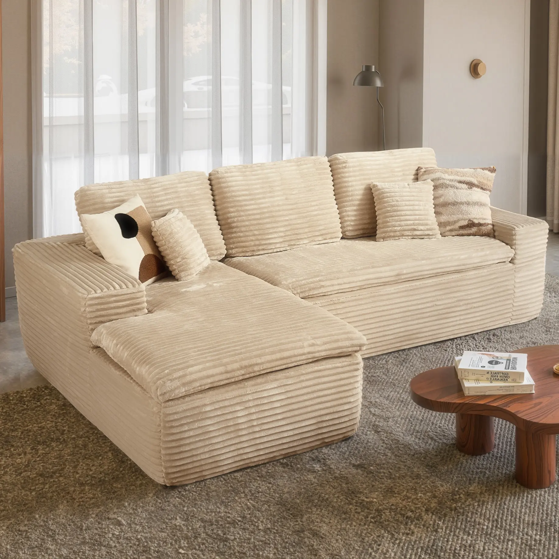 Beige Plush Corduroy Left Chaise