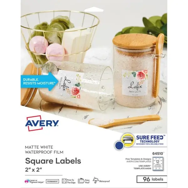 Avery AVE64510 Self-Adhesive Permanent Moisture-Resistant Polyester Square Labels, 2x2 in, White - Pack of 96 for Labeling Purposes, Water Proof