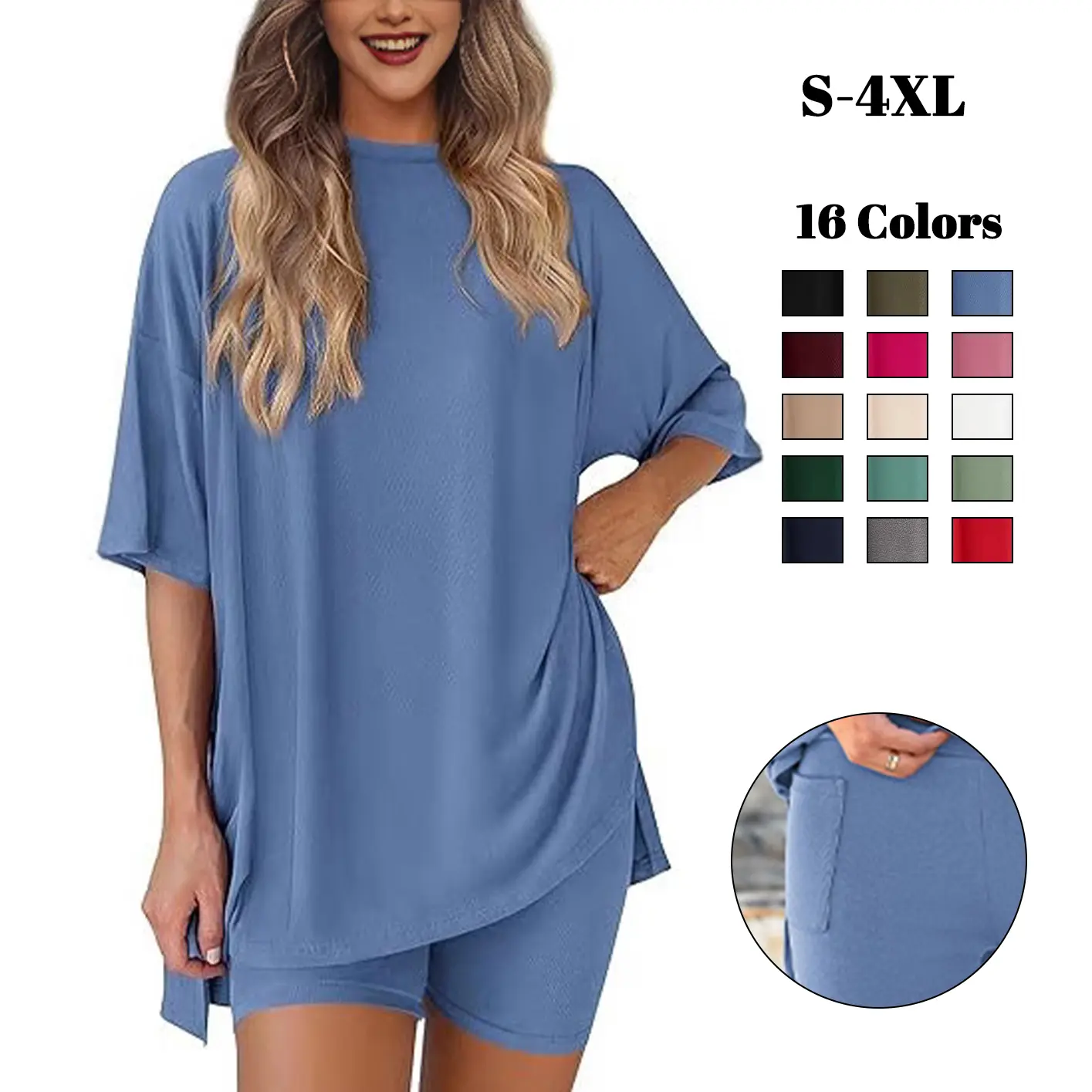 Crewneck Two-Piece Set For Women Summer Casual Oversized Split Hem Shirts & Side Pocket Biker Shorts Minimalist Plus Size Lounge Wear Soft Viscose Fabric Comfy Homewear Cozy Pjs,summeroutfits,vacationoutfits,bathingsuitwomenset,beachoutfits