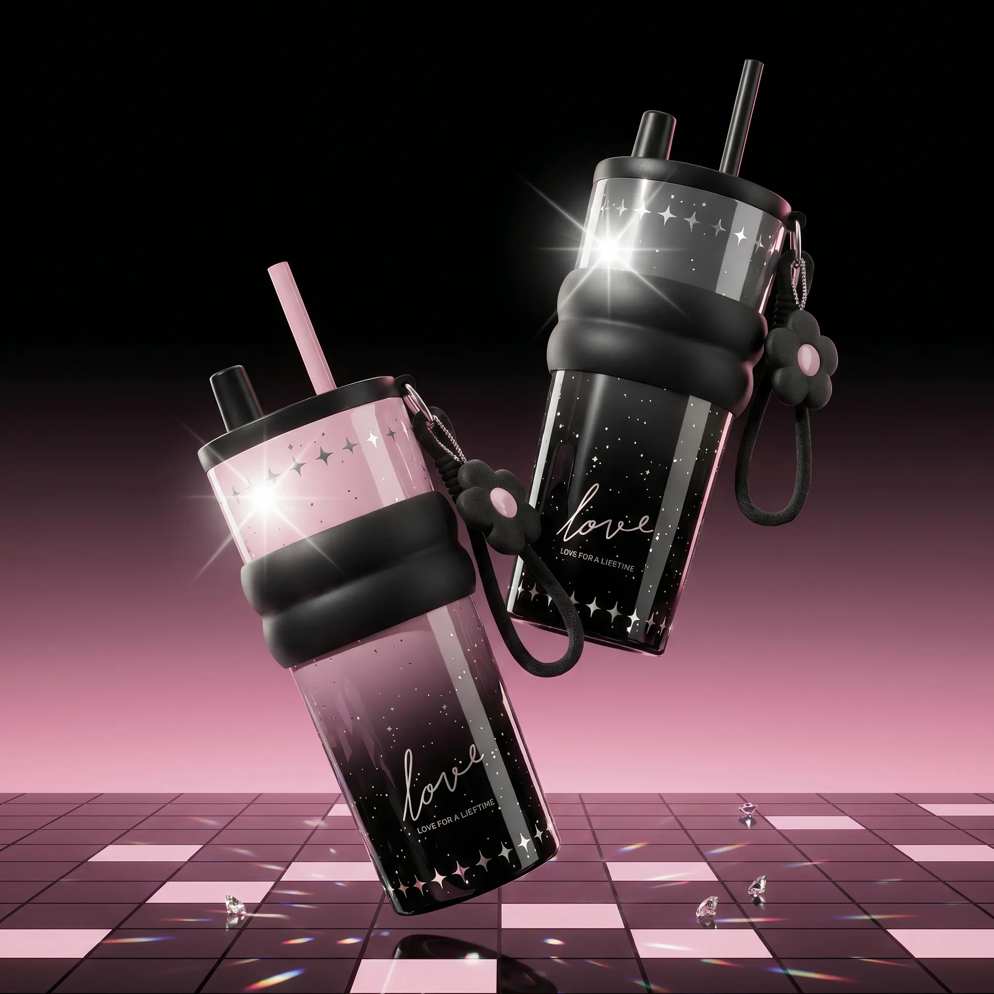 24oz Pink & Ink Starry Sky Straw Ice Cup - Insulated Lid Sports Water Bottle, 316SS Ceramic Lined, Retractable Straw, 1x Lid with Built-in Tea Strainer, 1x Removable Anti-Slip Silicone Sleeve, Gym Session Flask, Cup Holder Friendly Gift for Her homeessent