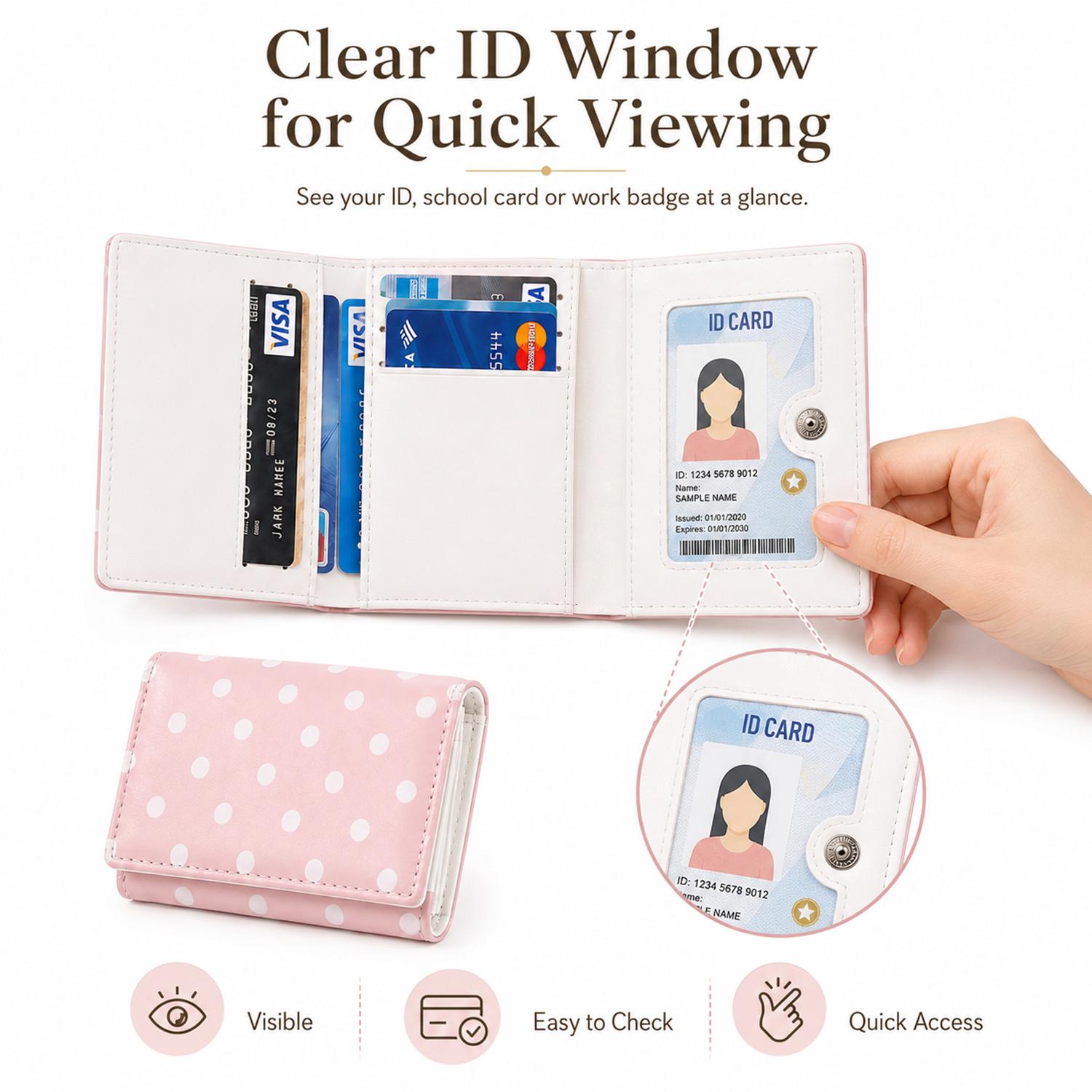Cute Polka Dot Mini Wallet for Women, Slim Trifold Card Holder, Small Lightweight Purse for Cards, Cash, Travel & Daily Use