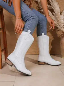 American Vintage Style Classic Western Embroidered Mid-Calf Boots, PU Leather, Rubber Sole, Fashion Winter Shoes, Slimming Effect