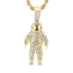 Iced Medium Astronaut Pendant with 4mm Rope Chain (24in) - Costume Jewelry Clavicular, Cosmic Gold, Flexible, Embellished, Chain Accent Necklaces, Flexible Chain Necklaces