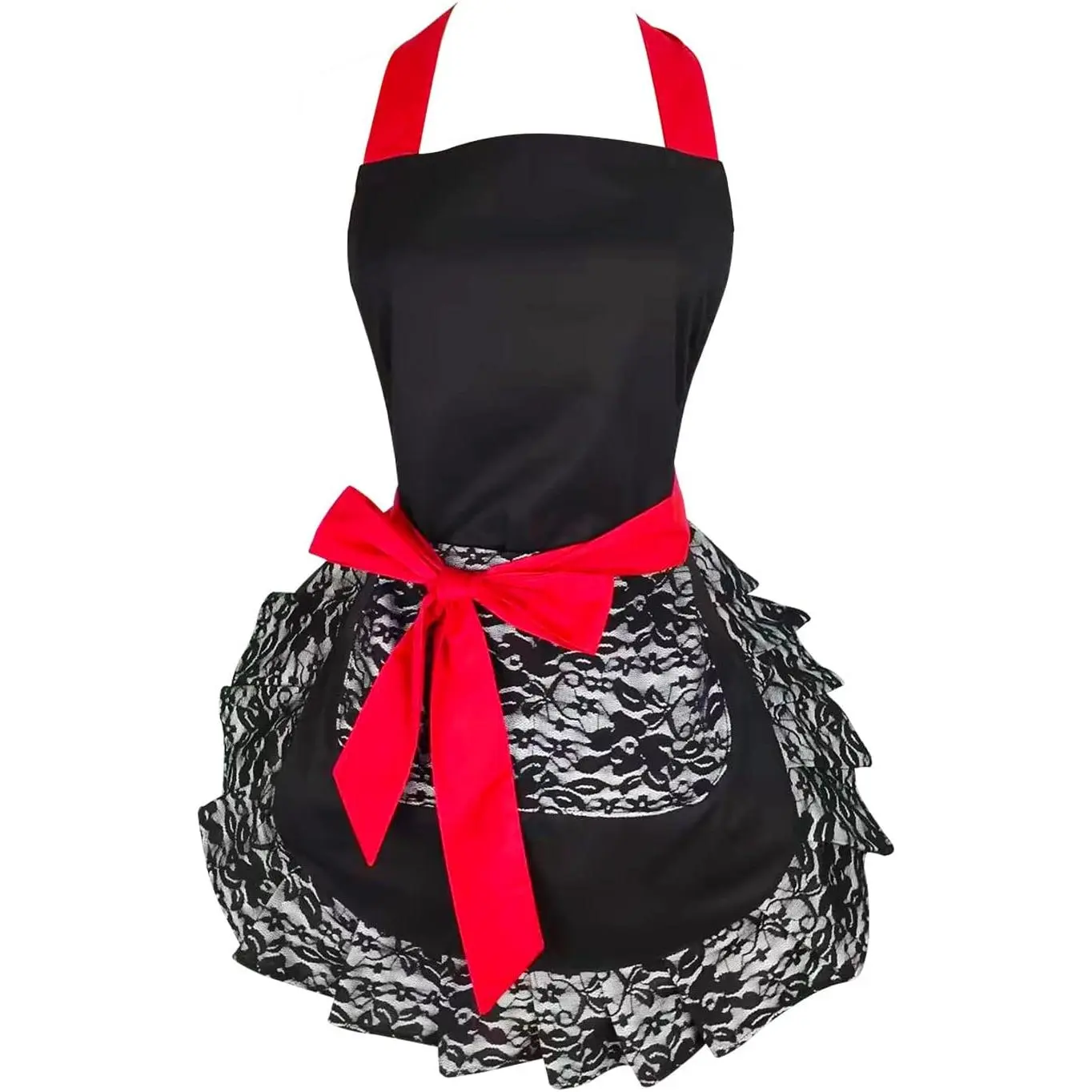 Women's Cotton Lightweight Black Lace Flirty Kitchen Apron with Pocket - Retro, Casual, Comfortable Cooking & Garden Apron, Ideal Holiday Gift for Daughters, Mom, Blacklace