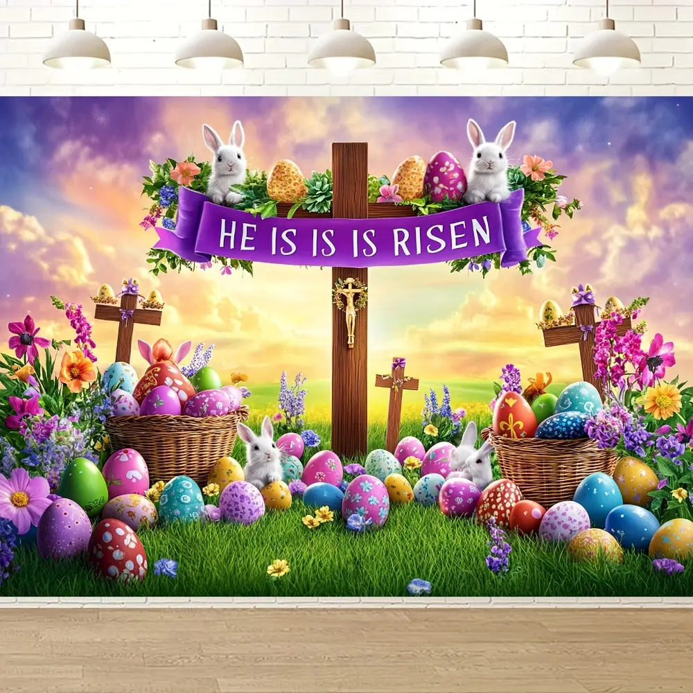 Easter Cross Backdrop Banner, Religious Easter Theme with Eggs Flowers Rabbit Design, Party Supplies, Studio Shooting, Indoor Outdoor Decoration