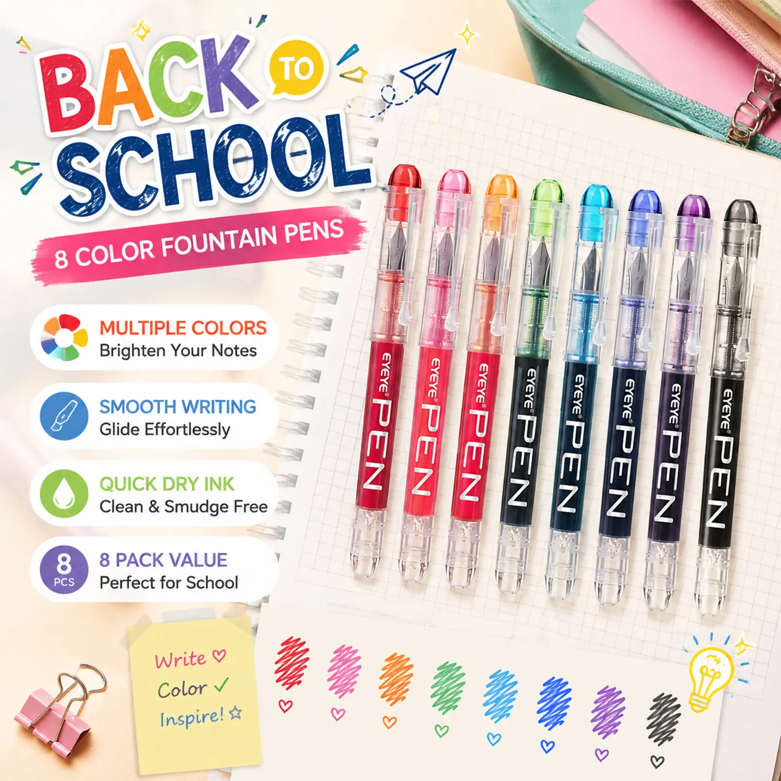 EYEYE 8-Pack Disposable Fountain Pen Set, Assorted Colors with Stainless Steel Fine Nib, Office Accessories, School Supply Shopping Tool, Art Pens for Calligraphy & Sketching, Mother's Day Gift