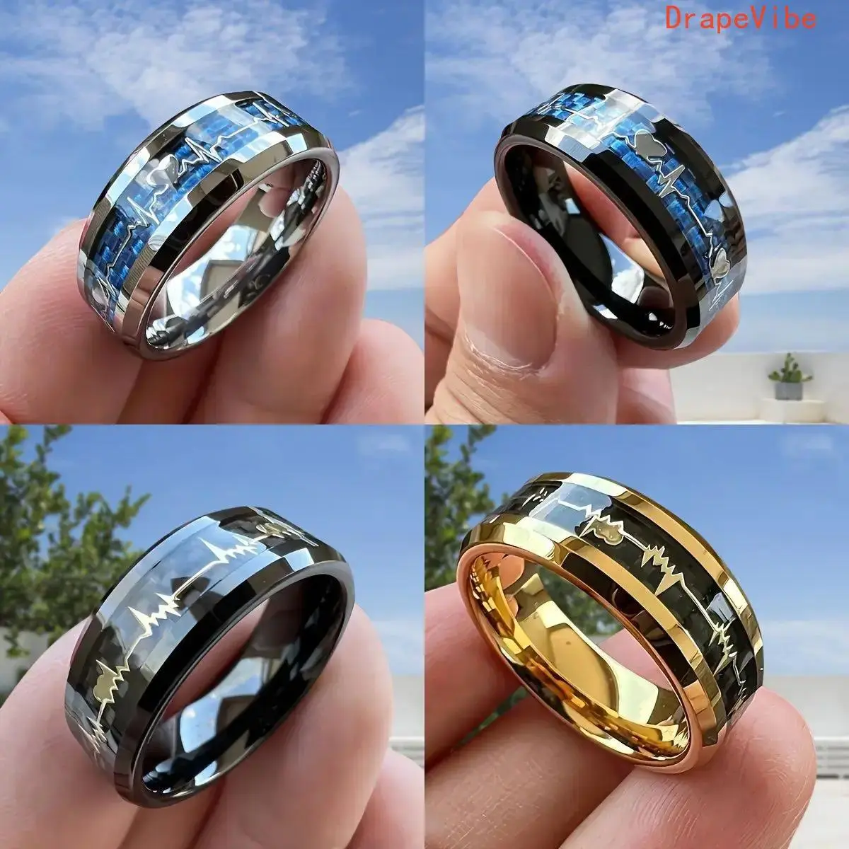 Men's 8mm Stainless Steel Jewelry Ring - Beveled Black Carbon Fiber Inlay, Gold Heart Rate Design, Unique Rings, Durable Moissanite Gift for Sports & Outdoor Enthusiasts, Father's Day & Valentine's Day