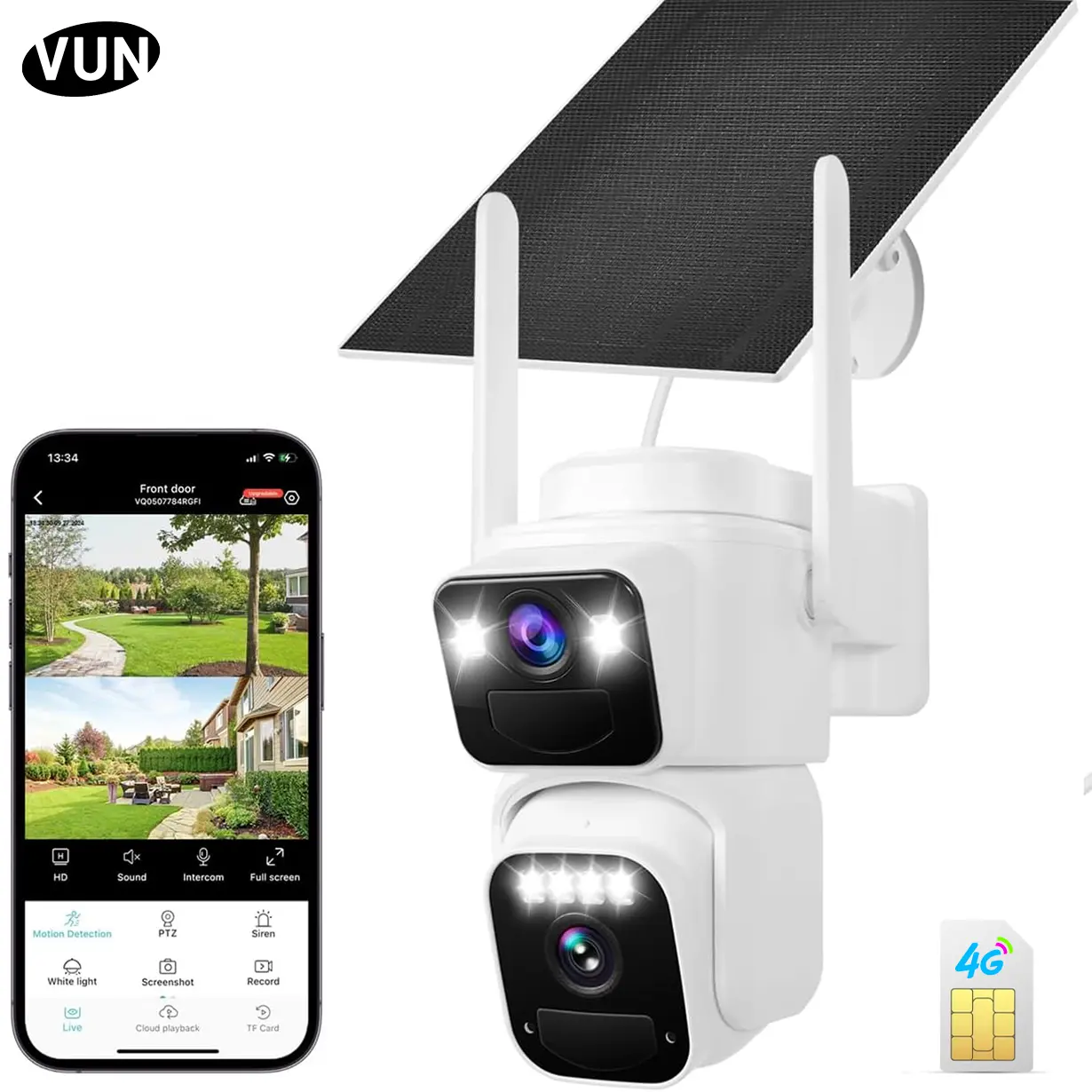 VUN Dual Lens 2K Solar Cellular Security Camera for Home, 4G LTE Outdoor 360° View Battery-Powered 【Camera 】with Spotlight Color Night Vision, PIR Sensor, 2-Way Audio, IP66 Waterproof, Micro SD Support, Manufacturer Warranty