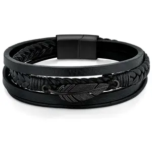 OIDEA Vintage Tribal Feather Multi-Layer Leather Braided Bracelet for Men — Stainless Steel Magnetic Clasp Bangle, Black Gold Silver