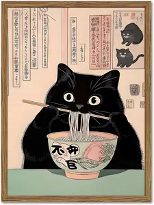 Home Decor Spirit Funny Japanese kitchen Black Cat Wall Art, Whimsical Cat Eating Noodles Wall Decor Painting, Cute Animal Canvas Poster Eclectic Pet Dining Room Prints Artwork  12x18 inch UNFRAMED