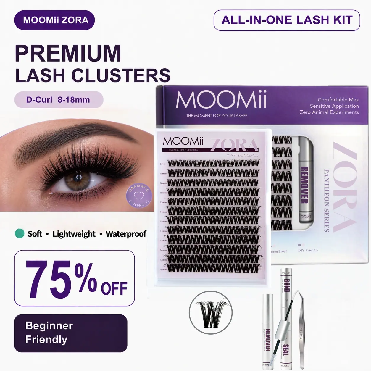 MOOMii ZORA Cosmetic DIY Eyelash Cluster Set - 0.03mm Ultra Thin Invisible Band Eyelash Extensions, Soft Lightweight DD Curl 8-18mm Youth-Focused Easy-Apply False Lashes for All-Day Comfort, D Curl