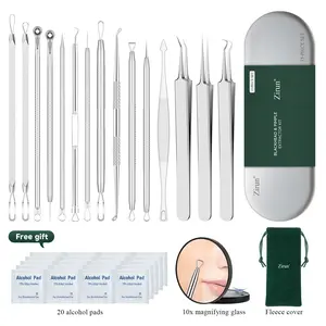 (zirun) Blackhead Removal Tools - 15 Pieces Acne Blackhead Tools, Facial Pore Cleansing, 401 Premium Professional Stainless Steel Acne Pimple Extractor with Metal Box - Skin Care, Facial Cleansing Equipment Popper Kit