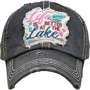 Baseball Cap Distressed Black "Life Is Better At The Lake"