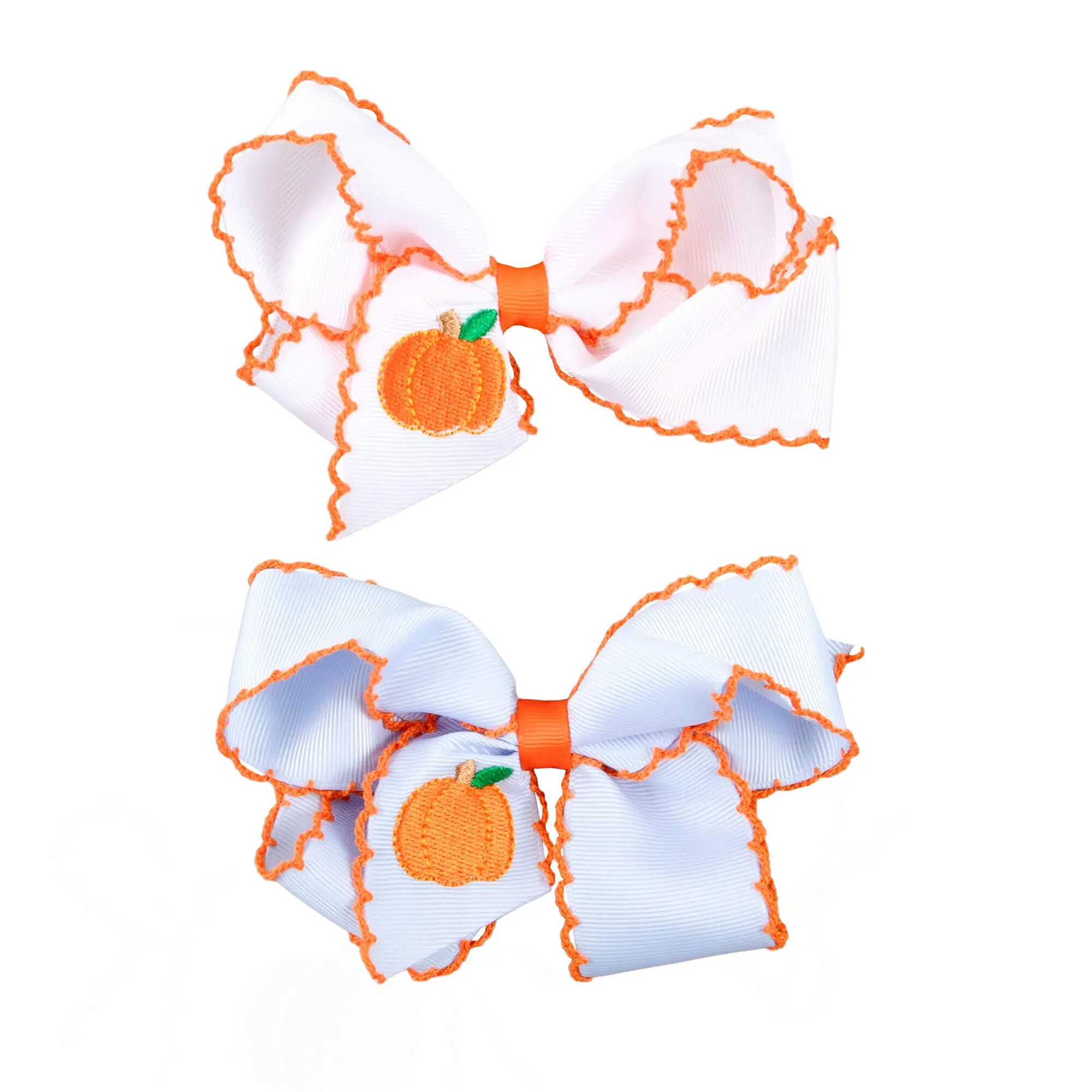 Pumpkin Embroidered Moonstitch Hair Bow - Fall Accessory for Girls