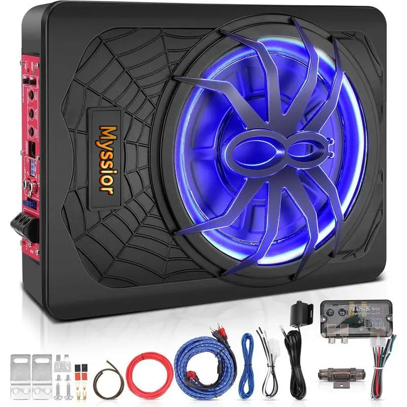 2026 Upgraded 10 Inch Slim Car Subwoofer with Built-in Amp & Blue LED Light Kit