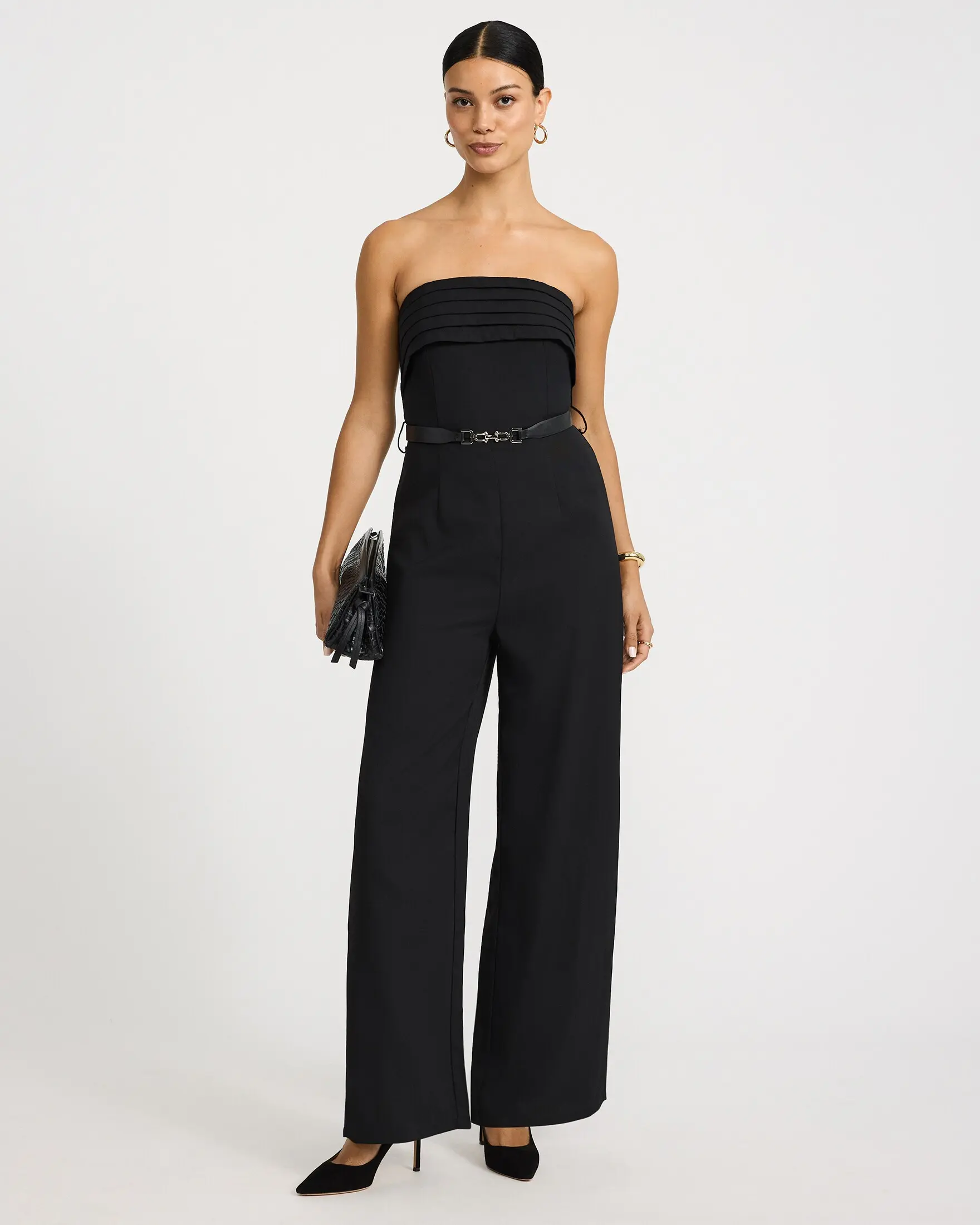 Express Strapless Fold Over Pleated Belted Wide Leg Jumpsuit