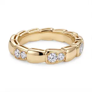 14K Gold Plated Geometric Eternity Band Ring for Women, Alternating Polished and Pave Cubic Zirconia Linked Brick Ring, Stackable Modern Wedding Anniversary Promise Statement Ring