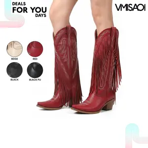 Womens Cowboy Boots Fringe Knee High Pointed Toe Chunky Block Heel Tassel Easy Pull On Embroidered Western Vintage Fashion  Date Party Dress Concert Country Wedding Festival Cosplay Gifts Summer Cowgirl Boots Deals For You Days