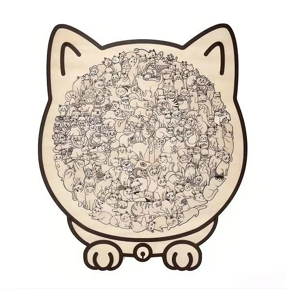 135-Piece Cat-Shaped Natural Wood Color Contour Border Wooden Puzzle, 23.7×21.8cm High-Difficulty Irregular Stress-Relief Toy, Ideal for Desks, Entryways, House Decoration & Birthday Holiday Gifts
