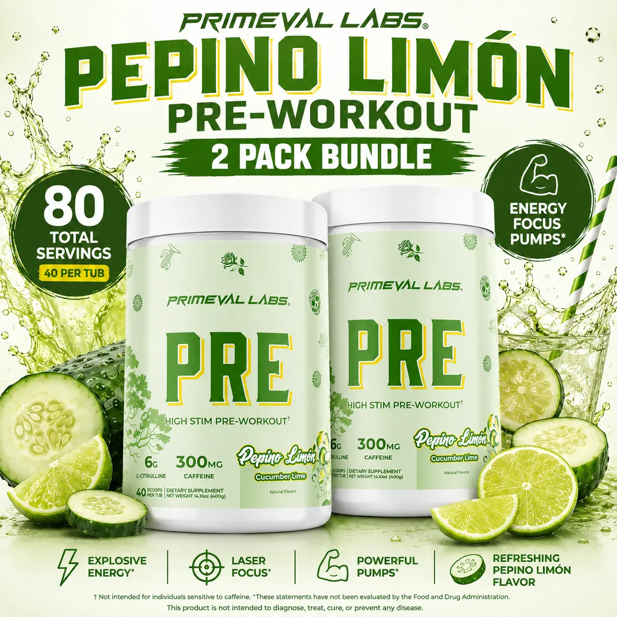 Primeval Labs Pepino Limón PRE-Workout 2 Pack Bundle – 80 Servings | High Stim Pre Workout Powder | Energy, Focus & Pump | Horchata Flavor | Gym & Fitness Supplement