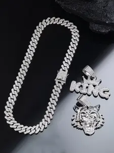 CVNANA 3pcs(1pc Necklace+2pcs Pendant）Silver-Tone Iced Out Cuban Link Chain with King & Tiger Head Pendants,Letter Pendant Necklace ,Hip Hop Style, Perfect for Streetwear, Rapper Looks & Gifting