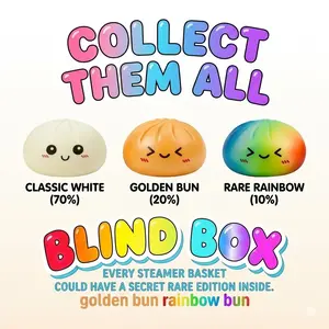 Surprise Blind Box Dumpling Squishy - Mysecret Bun Fidget Toy with Steamer, Collectible Kawaii Dough Ball (70% White, 20% Golden, 10% Rare Rainbow), Sensory Stress Relief Toy for Kids & Adults