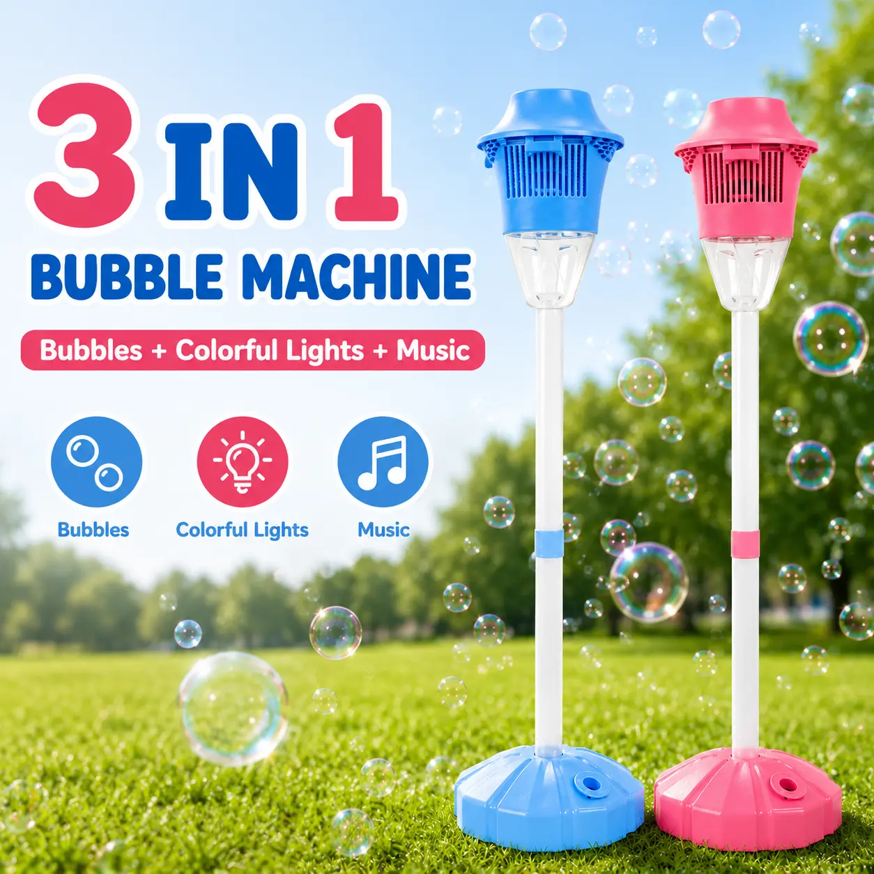 2 Pack 3 In 1 Standing Rechargeable Bubble Machines, Bubble Maker Stand with Colorful Lights, Music, 2 Working Modes & 3 Adjustable Heights for Wedding Party-5463,outdoor,recreation,equipment