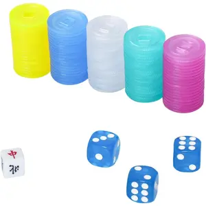 Plastic Colored Mahjong Scoring Coins, 100pcs Chips for Mahjong Games,（Red, Yellow, Green, Blue, White） with 1 Indicator and 3 dice