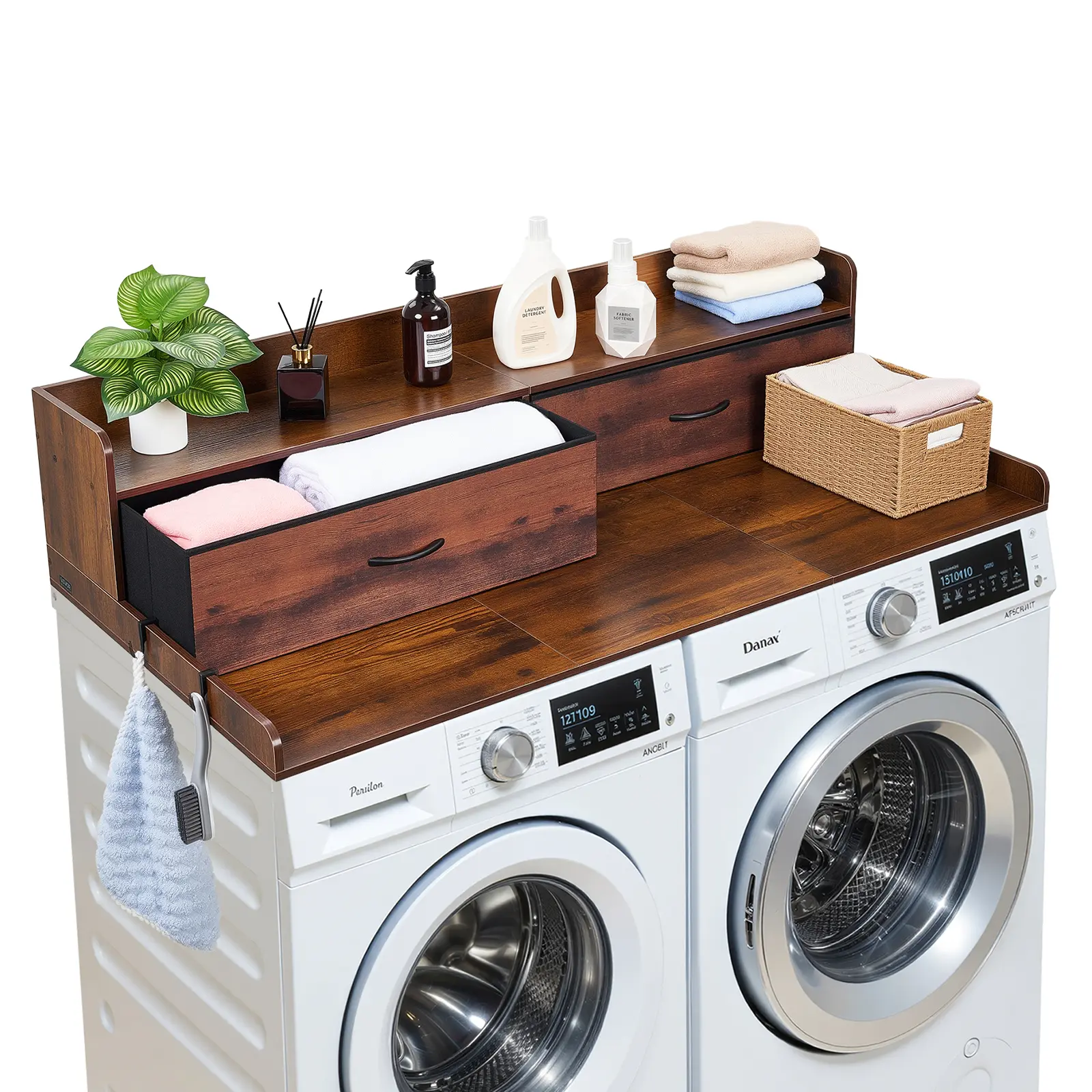 【summerfinds】VEVOR Durable Wooden Washer Dryer Countertop Topper - Home Appliance Accessory with Shelf, 2 Drawers, 2 Hooks, 54x27.5 in Brown - Laundry Organization Solution for Washing Stations, Laundry Closet, Laundry Room