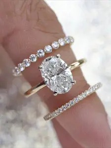 A Unique 3-piece Set of Circular-cut Cubic Zirconia Wedding Rings, Engagement Ring, Solitaire Ring, Gift for Her, Promise Ring, Wedding Set, Eternity Ring and Plain Ring Set. Valentine's Day Jewelry Gift.
