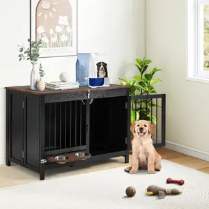 EROMMY 39" Portable Escape-Proof Wooden Crate for Small & Medium Dogs, Pre-Assembled Indoor Pet Furniture with 2 Bowls, Black Dog Kennel, Wooden Crates