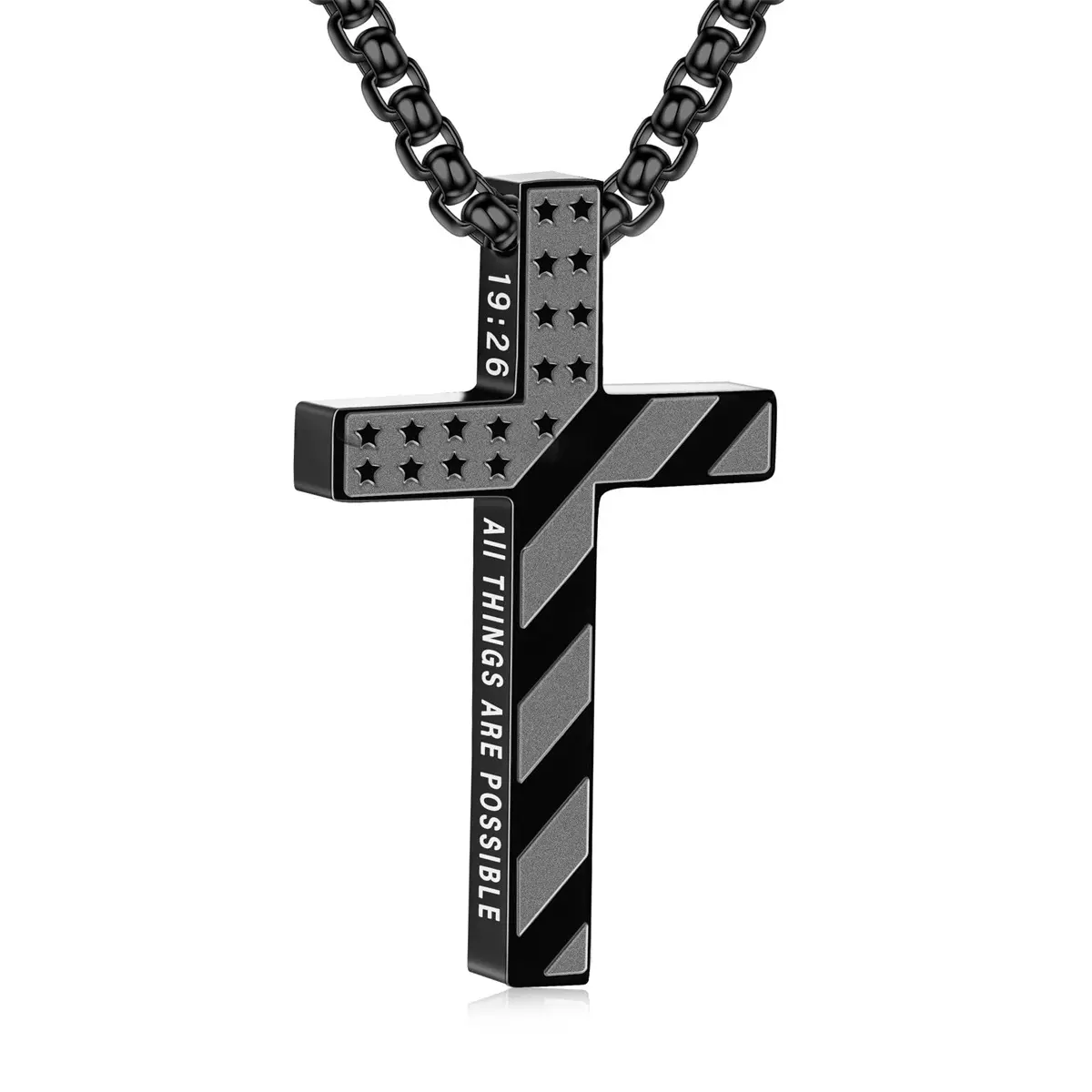 Engraved Cross Necklace for Men, Stainless Steel American Flag Pendant with Bible Verse, Religious Christian Jewelry Gift for Graduation, 24+2 Inch Chain, Religious-Themed Necklaces, Engraved Cross Necklaces