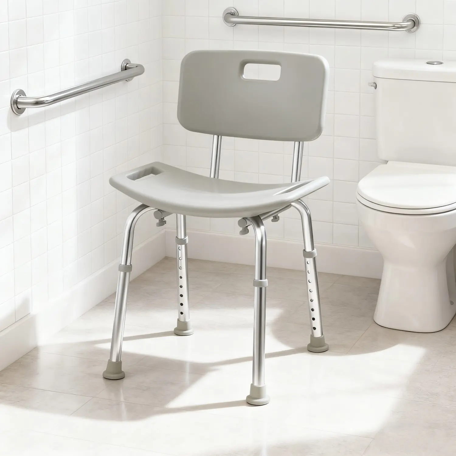 Supportive Grey Metal Shower Chair - Accessibility Aid for Elderly, Stable Bench Stool for Home Bathroom Shower-Bathtub Transfer with Versatility