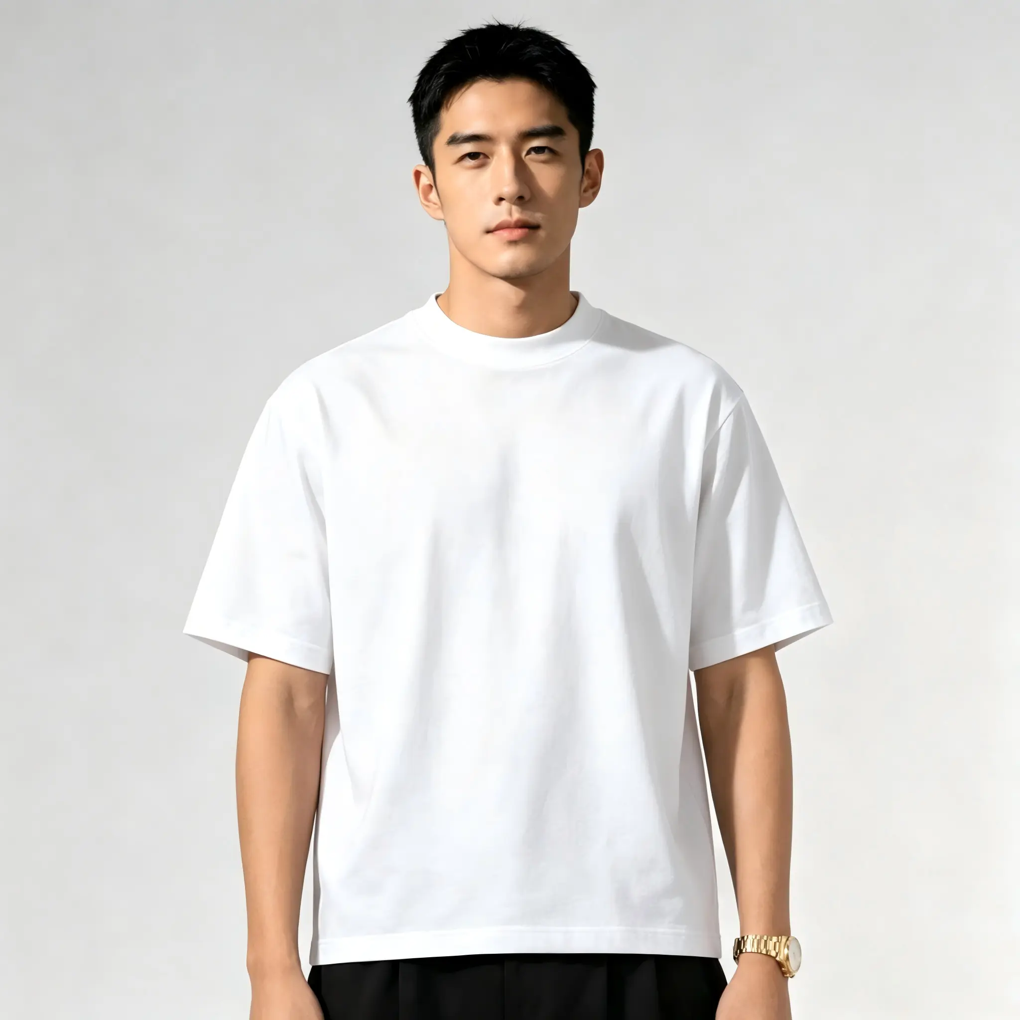 Men's Heavyweight Cropped T-Shirt, 255 GSM Plain Minimalist Streetwear Style with Oversized Short Sleeves and Round Neck, Mens Clothing, Shirts