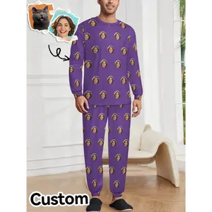 Men'S Personalized Face Photo Pajama Set - Custom Face Design, Long Sleeve Warm Sleepwear with Matching Pants, Cozy Fall/Winter Home Clothing for Husband, Dad, Boyfriend - Funny Christmas Birthday Gift, Pajamas For Men, Sleepwear For Men
