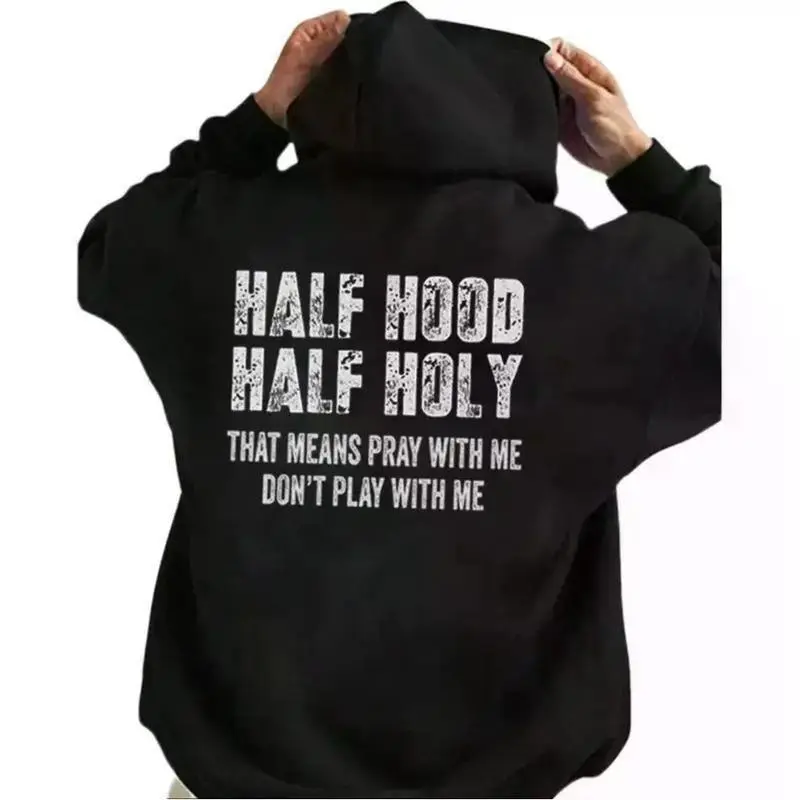 Menswear Round Neck Casual Graphic Hoodie - 'Half Hood Half Holy' Print, Unisex Loose Fit Smooth Cotton Fabric Shirts, Seamless Underarms Soft Pullover Top, Valentines Day, Pullover Hoodie