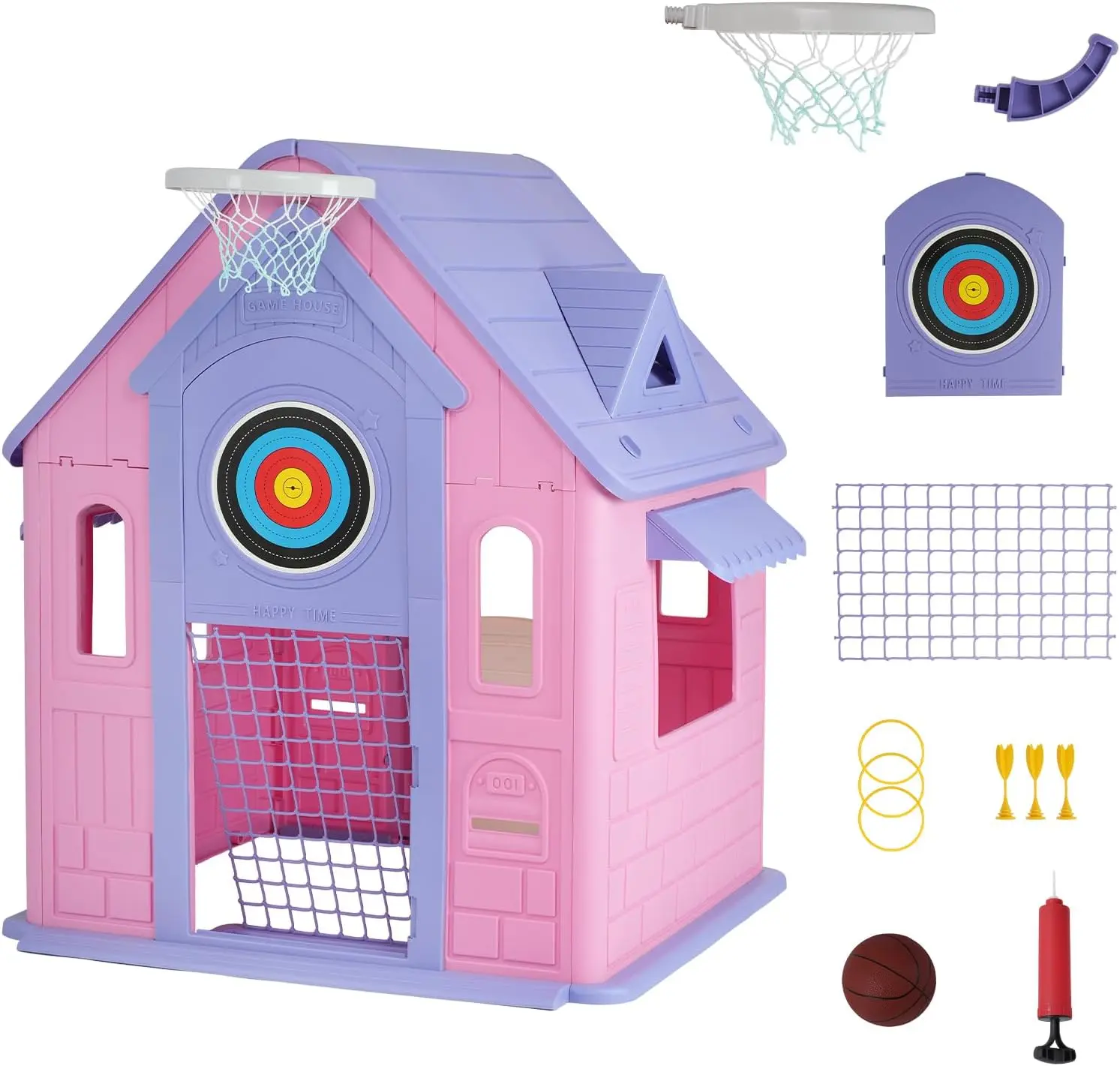 Gaomon Purple Wooden Cottage Pretend Playhouse - Kids Outdoor Equipment with Backyard Playsets Features: Magnetic Darts, Basketball Hoop, Ring Toss, Soccer Goal (Playhouse Design for Indoor/Outdoor Use)