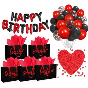 5 Senses  Bags Five Senses Birthday Party Decorations with Tissue Paper, Rose Petals and Happy Birthday Banner Balloons Five Senses  for Him Husband Boyfriend (Red black)