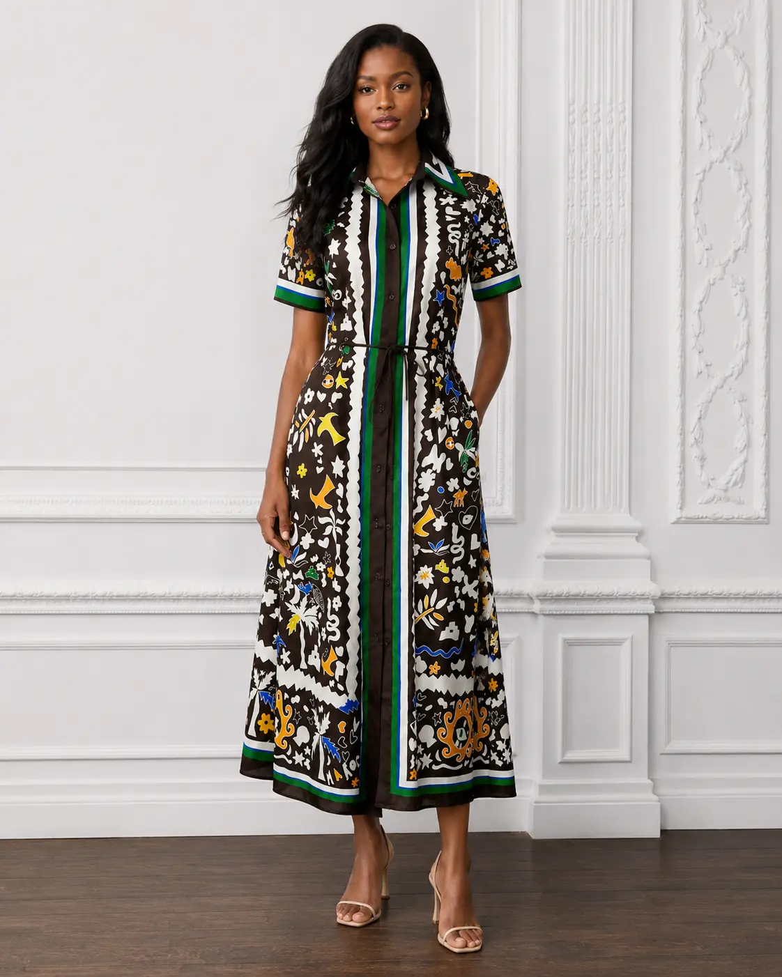 Women's Maxi Shirt Dress, Boho Artistic Forest Print Short Sleeve Button Down, Linen-Blend with Matching Belt for Tropical Vacation, Style, Feminine, Breathable