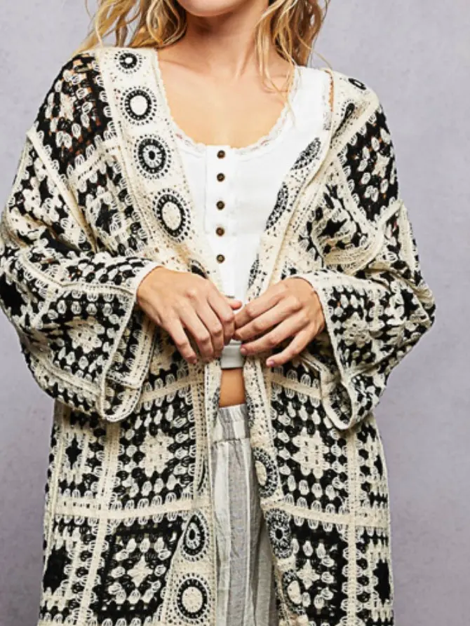 POL Women's Boho Granny Square Crochet Cardigan, Relaxed Fit Long Open Front Duster Top with 3/4 Sleeves, Tops, Geometric, Knitwear, Longsleeves, Clean Finish, Style, Fabric, Bohemian, Polyester, Clothes, Knitting, Casual, Kimono Sleeve, Loose-Fitting, No