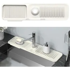 Kitchen sink splash guard behind faucet 24 x 55 inch toovem faucet handle drip catcher tray longer silicone sink faucet mat dish soap sponge holder for bathroom farmhouse bar rvbeige white Cleaning Decoration