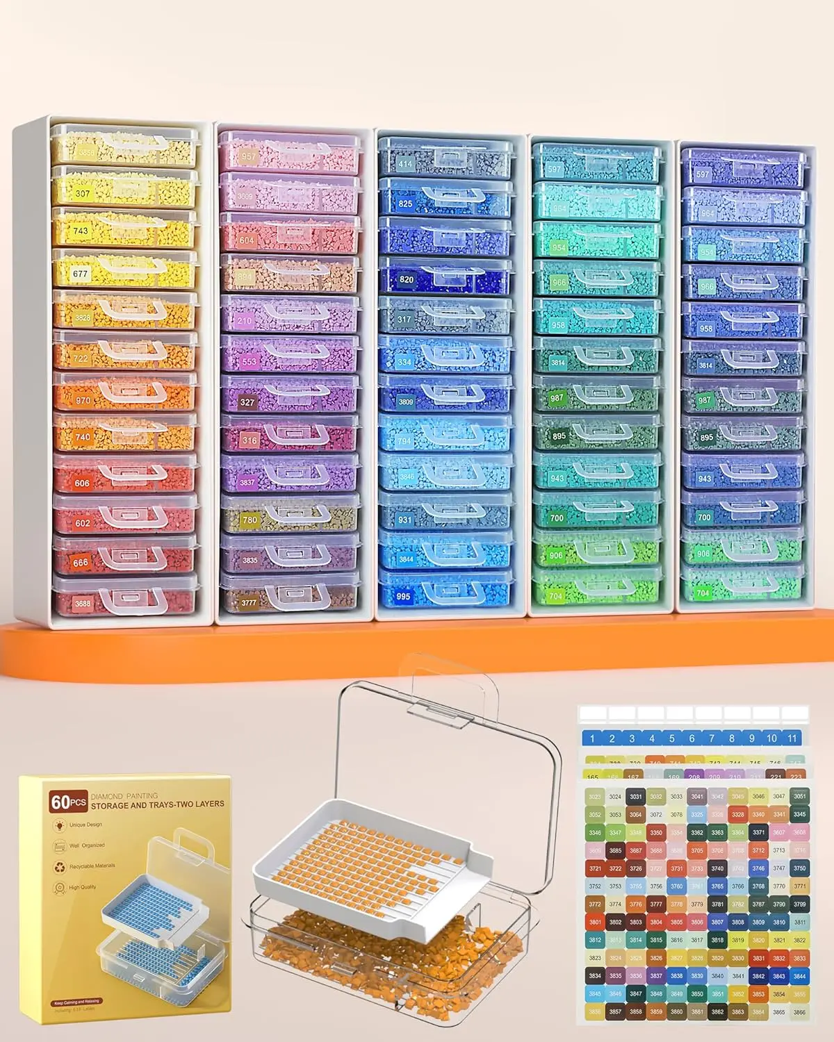 60 PCS Diamond Painting Storage Containers Trays, White | 3-in-1 Diamond Painting Trays with Lids, Detachable Trays, 5 Adjustabe Racks, Diamond Art Accessories, Diamond Art Storage