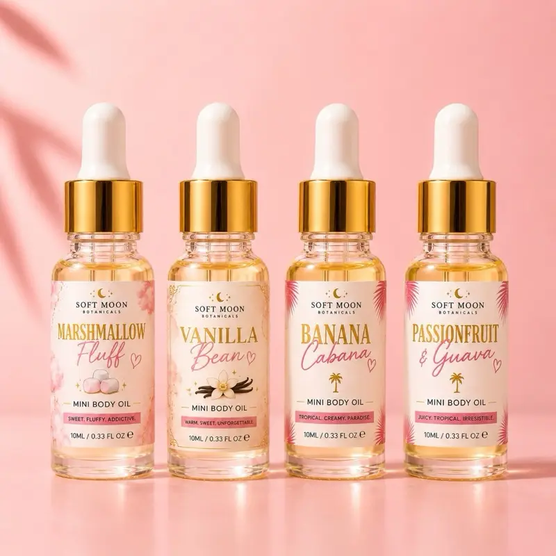 Mini Perfume Body Oil Set | Long Lasting Fragrance Oil | Vanilla Bean, Marshmallow Fluff, Banana Cabana & Passionfruit Guava | Lightweight Moisturizing Body Oil | Travel Size Gift for Women