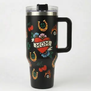 Mom Heart Tattoo 40oz Travel Cup With Handle - Keeps Hot 12 Hours Cold 24 Hours - Unique Mother's Day Gift - Best Birthday Gift For Her