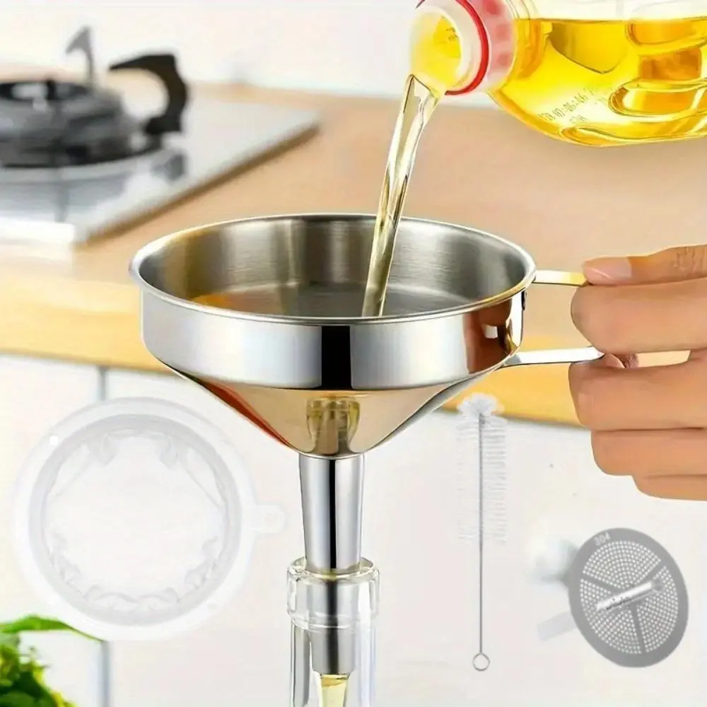 4PCS Kitchen Funnel for Filling Bottles,Stainless Steel Funnel, Metal Cooking Oil Food Funnel with Strainer and Mesh Filter Sturdy Utensils Fryer Handy Set Utility