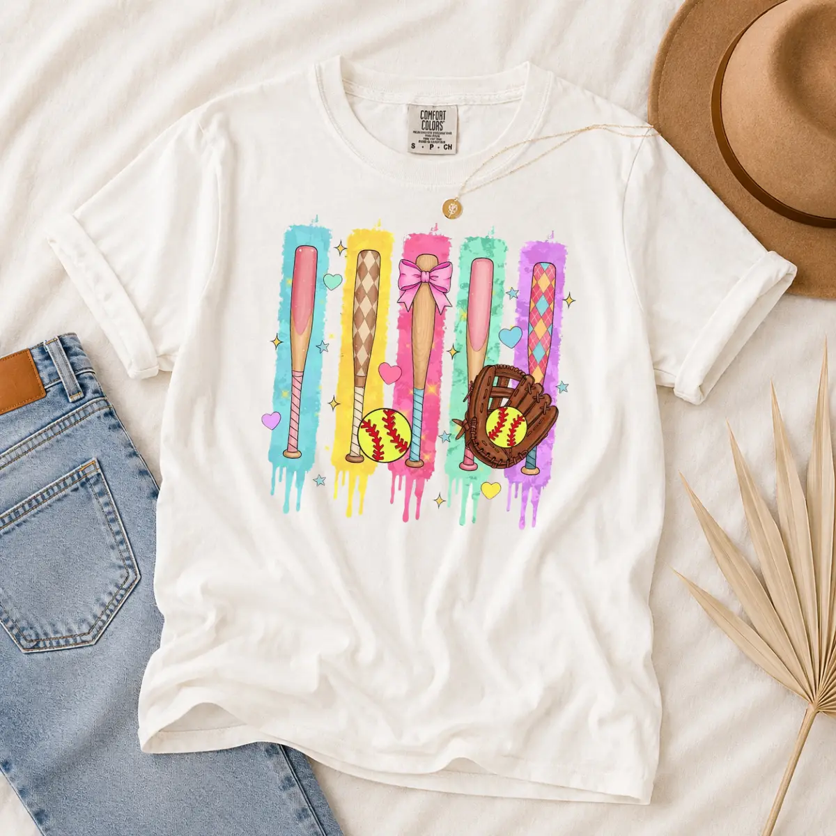 Comfort Colors Softball Baseball T-Shirt, Game day tee, Colorful Paint Drip Baseball Bats Shirt, Cute Coquette Bow Softball Mitt Tee, Retro Summer Graphic White Top