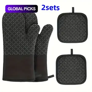 Silicone Heat Insulated Oven Mitts & Pot Holders Set (4 Counts/set), 2 Counts Non-slip Heat Resistant Oven Gloves & 2 Counts Insulation Pads for Kitchen Baking, Cooking, Bakeware